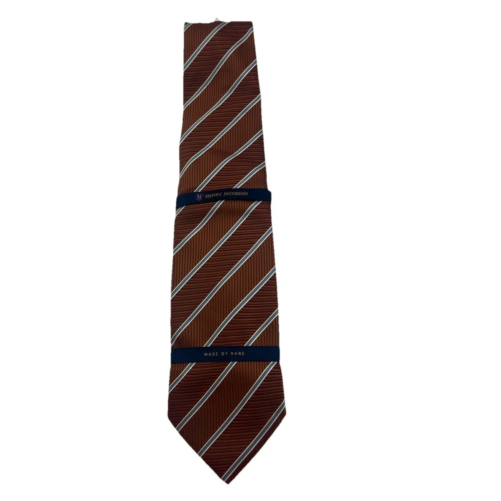 HENRY JACOBSON 100% Silk NECKTIE Tie Brown w blue Stripes Brand New made by hand